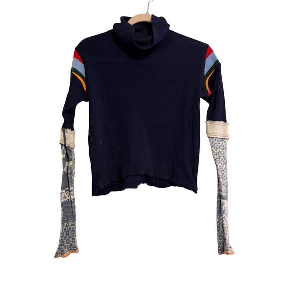 We The Free Sweaters - We The Free People Navy Ribbed Turtleneck Rainbow Stripe Mixed Media Top XS